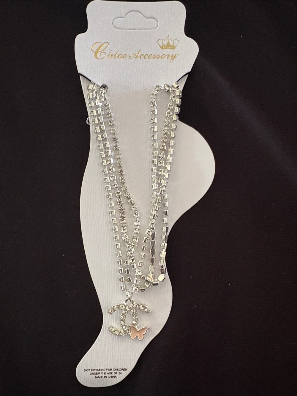 Silver-tone Crystal Fashion Ankle Bracelet Multi Layered With Pink Butterfly